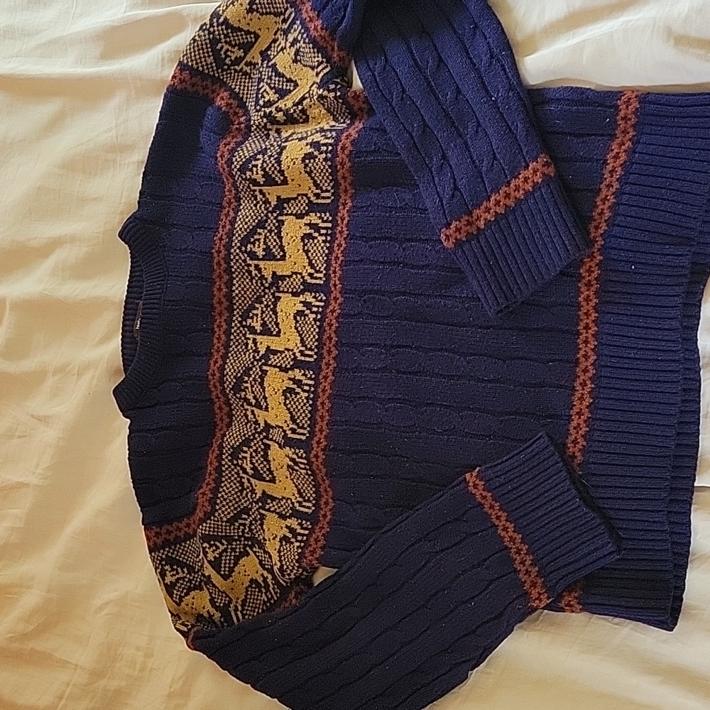 Vintage Winter Sweater, Navy Blue, Reindeer design